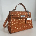 Luxury Deer Print Furkin Handbag with Leather Handles - Elegant Statement Accessory