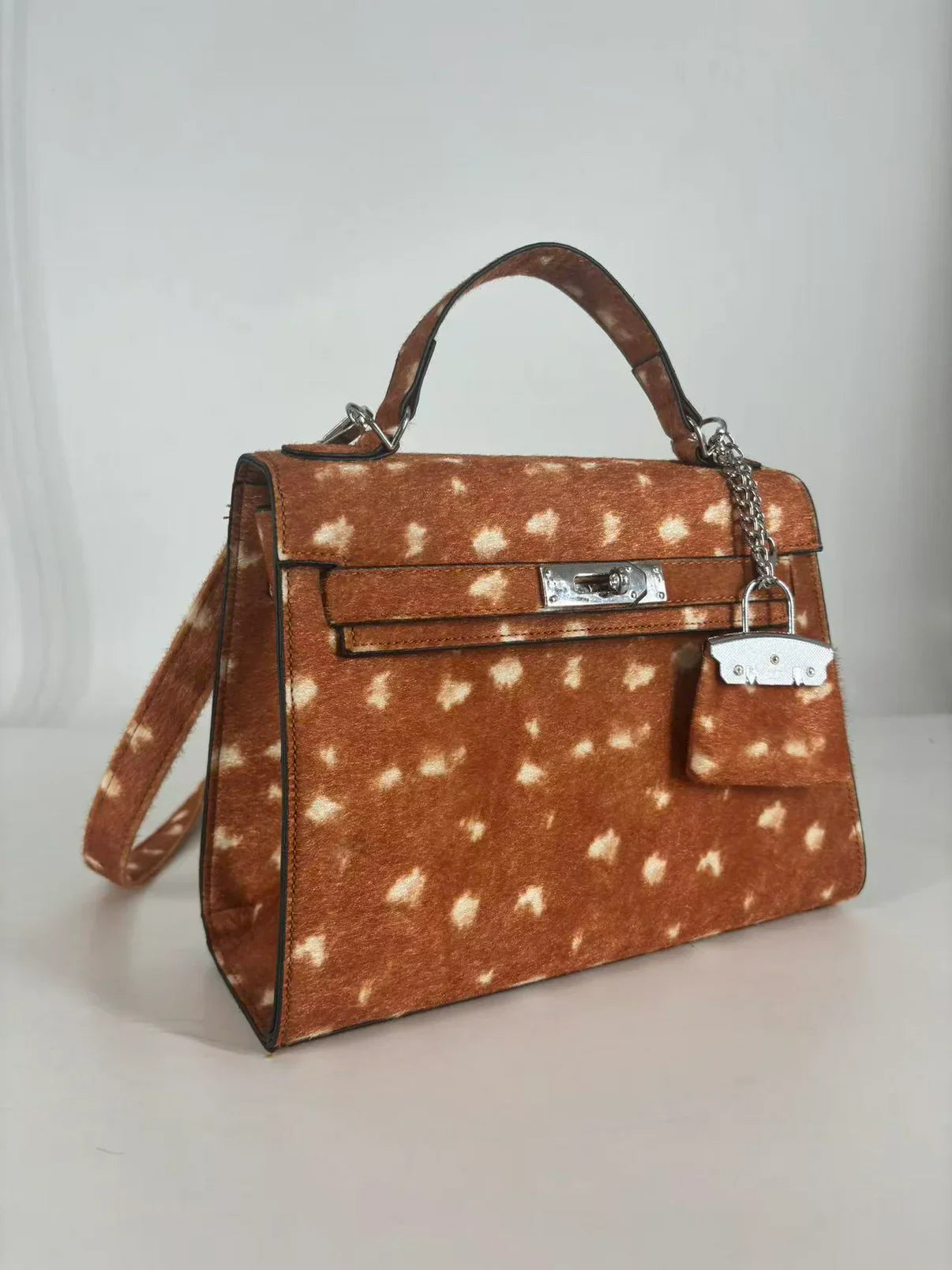 Luxury Deer Print Furkin Handbag with Leather Handles - Elegant Statement Accessory