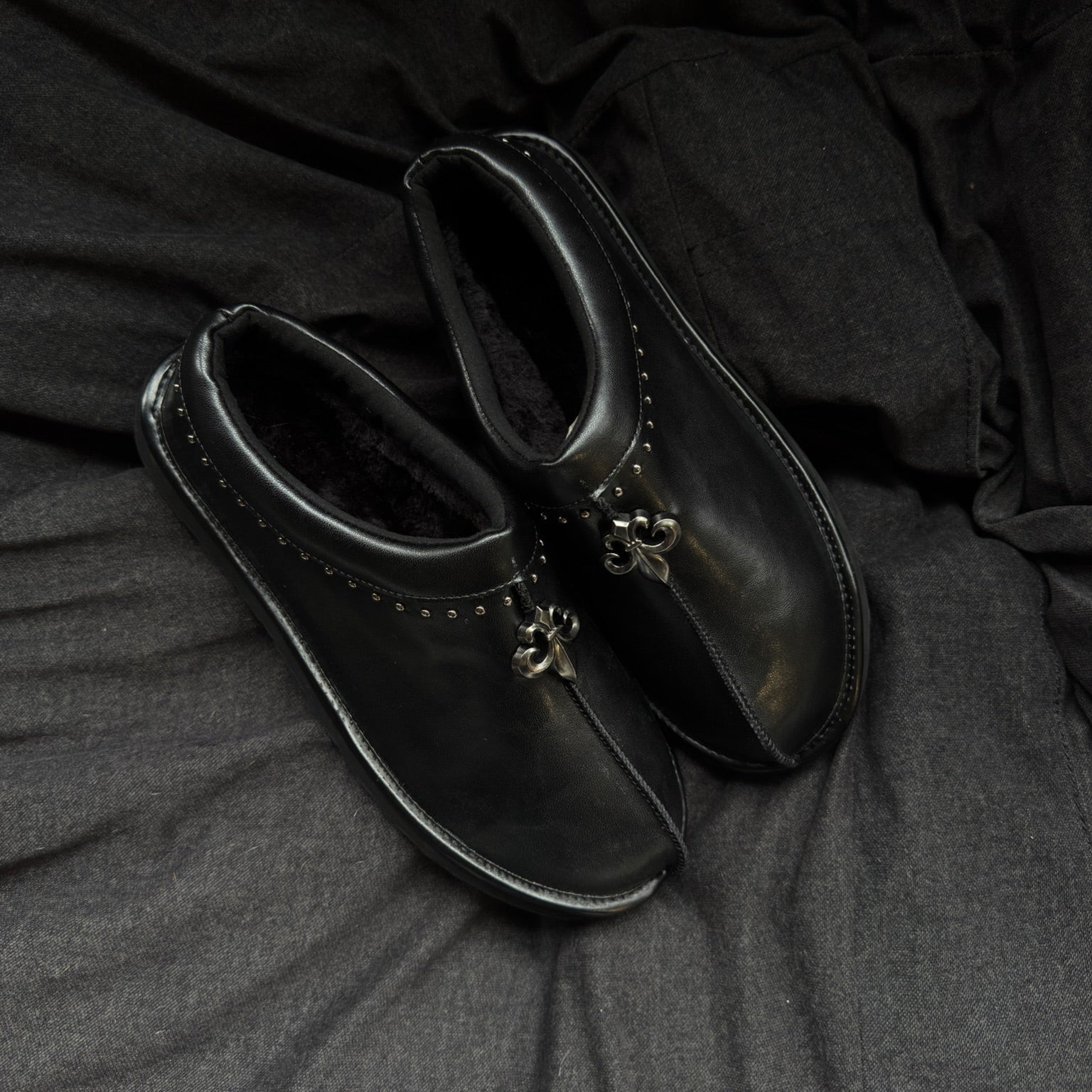 Chrome Fleur Mules: Gothic Suede, Metal Accents, Limited Edition Footwear