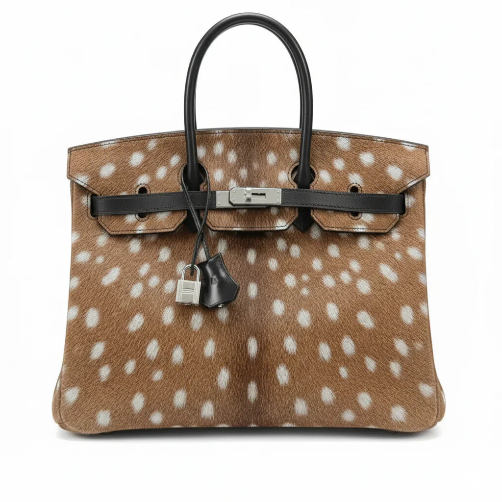 Luxury Deer Print Furkin Handbag with Leather Handles - Elegant Statement Accessory