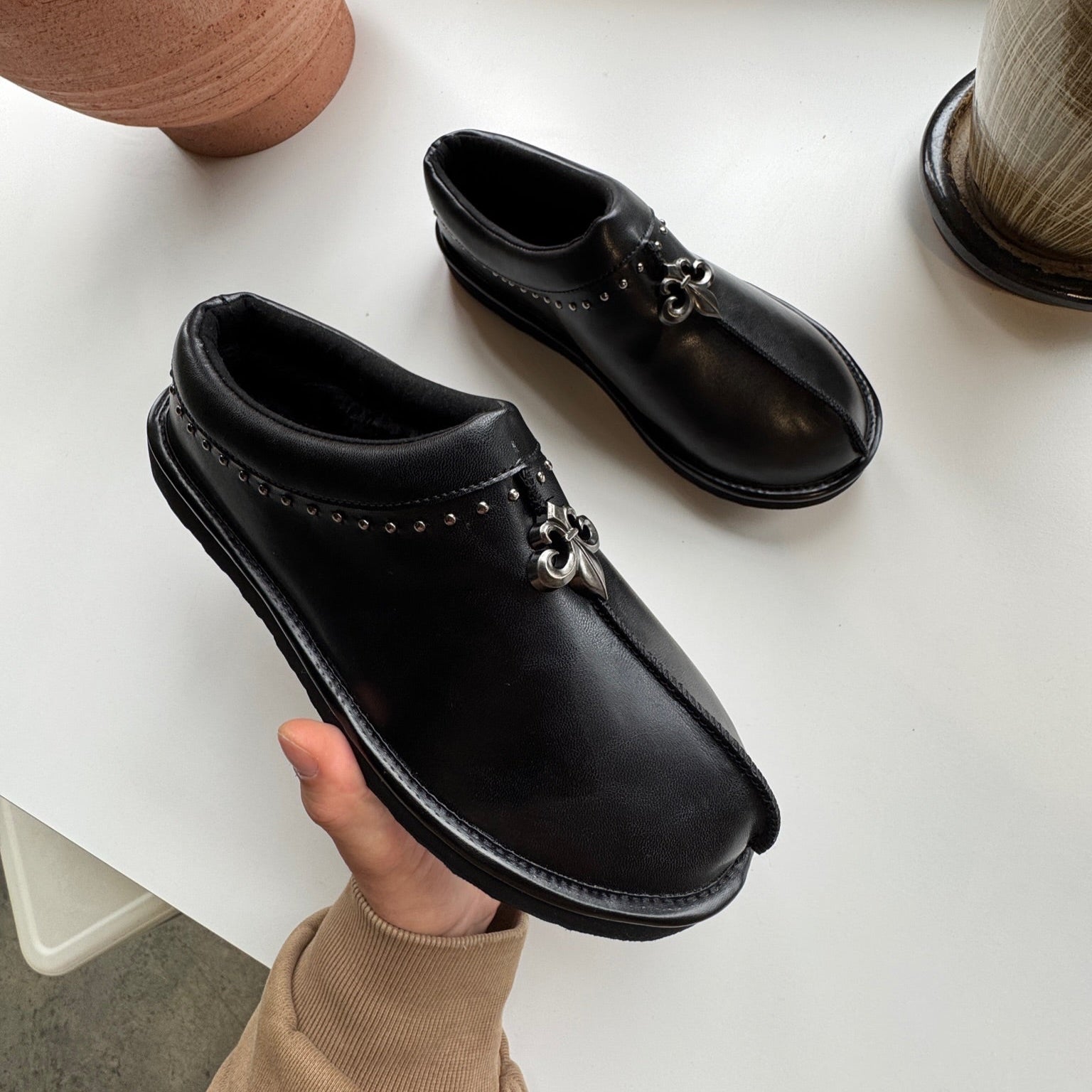 Chrome Fleur Mules: Gothic Suede, Metal Accents, Limited Edition Footwear